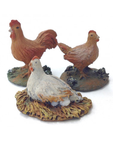 Coq et deux poules 12-16 cm.
