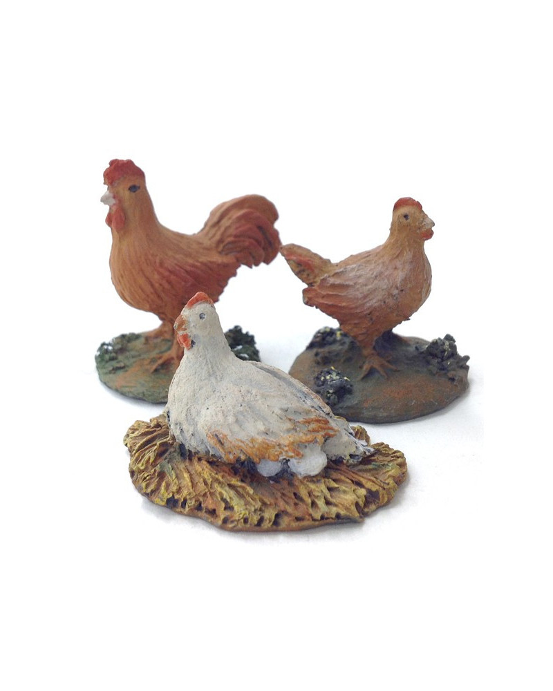 Coq et deux poules 12-16 cm.
