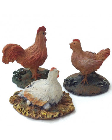 Gallo y dos gallinas 12-16 cm.