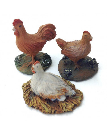 Coq et deux poules 12-16 cm.